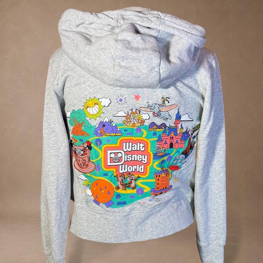 Disney World Mickey Mouse Full Zip Hoodie Gray Retro Park Map Graphic Small